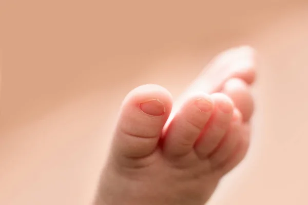 Kleine benen van de pasgeboren baby in kontrovy licht. Zachte vingers staan. Nieuw leven, de geboorte van het kind, het macro beeld, de selectieve focus, de plaats van de tekst — Stockfoto