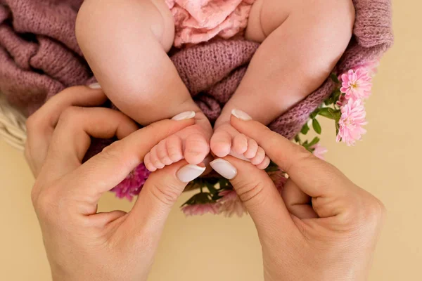 Voeten van de pasgeboren baby meisje met roze bloemen, vingers op de voet, de zorg van de moeder, liefde en familie knuffels, tederheid. — Stockfoto