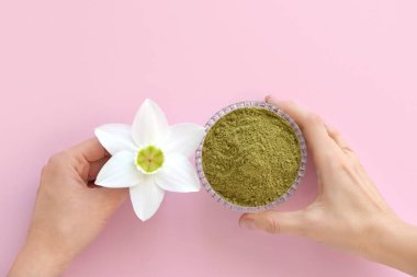 natural henna powder and white flower in a female hand on a pink background. Concept female beauty and cosmetology. Eyebrow and hair coloring