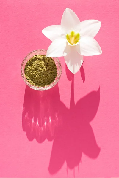 Natural Henna Powder White Flower Female Hand Pink Background Concept — Stock Photo, Image