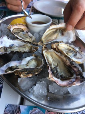 Buzlu taze istiridye kabuğu. Restorandaki deniz ürünleri. Çiğ yemek.
