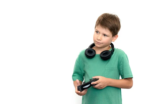 Ragazzo Adolescente Online Gioca Gioco Computer Con Cuffie Joystick Console — Foto Stock