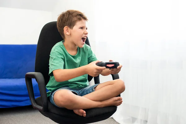 Teenager Boy Online Plays Computer Game Headphones Joystick Game Console — Stock Photo, Image