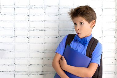 Kopya alanı ile şaşırmış suratlı bir öğrenci. Sırt çantası ve ders kitabı olan bir öğrenci. Okula geri dön.