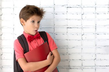 Kopya alanı ile şaşırmış suratlı bir öğrenci. Sırt çantası ve ders kitabı olan bir öğrenci. Okula geri dön..