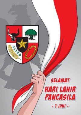 An Illustration of man hold Indonesian Flag with Pancasila Symbol, marks the date of Sukarno's 1945 address on the national ideology clipart