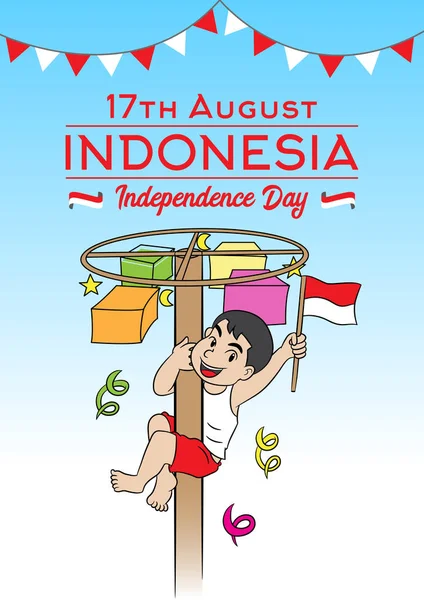 Illustration Pojke Som Klättra Upp Masten Att Närvarande Indonesiska Självständighetsdag — Stock vektor