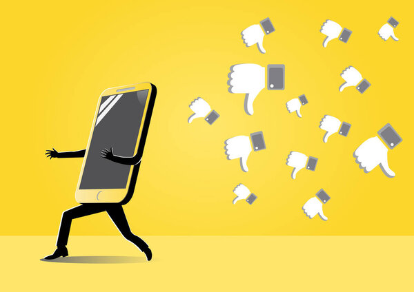 An illustration of smartphone running away from social media dislike's symbol