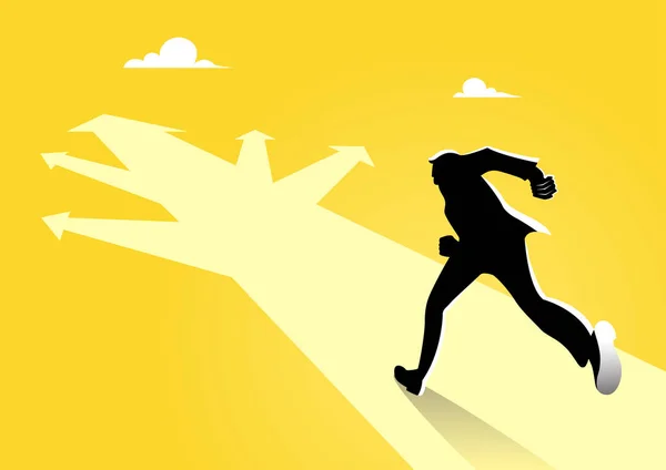 Birçok yön-e doğru işaret eden oklar, doğru çalışan işadamı görülmektedir. Kavram iş vektör çizim. 