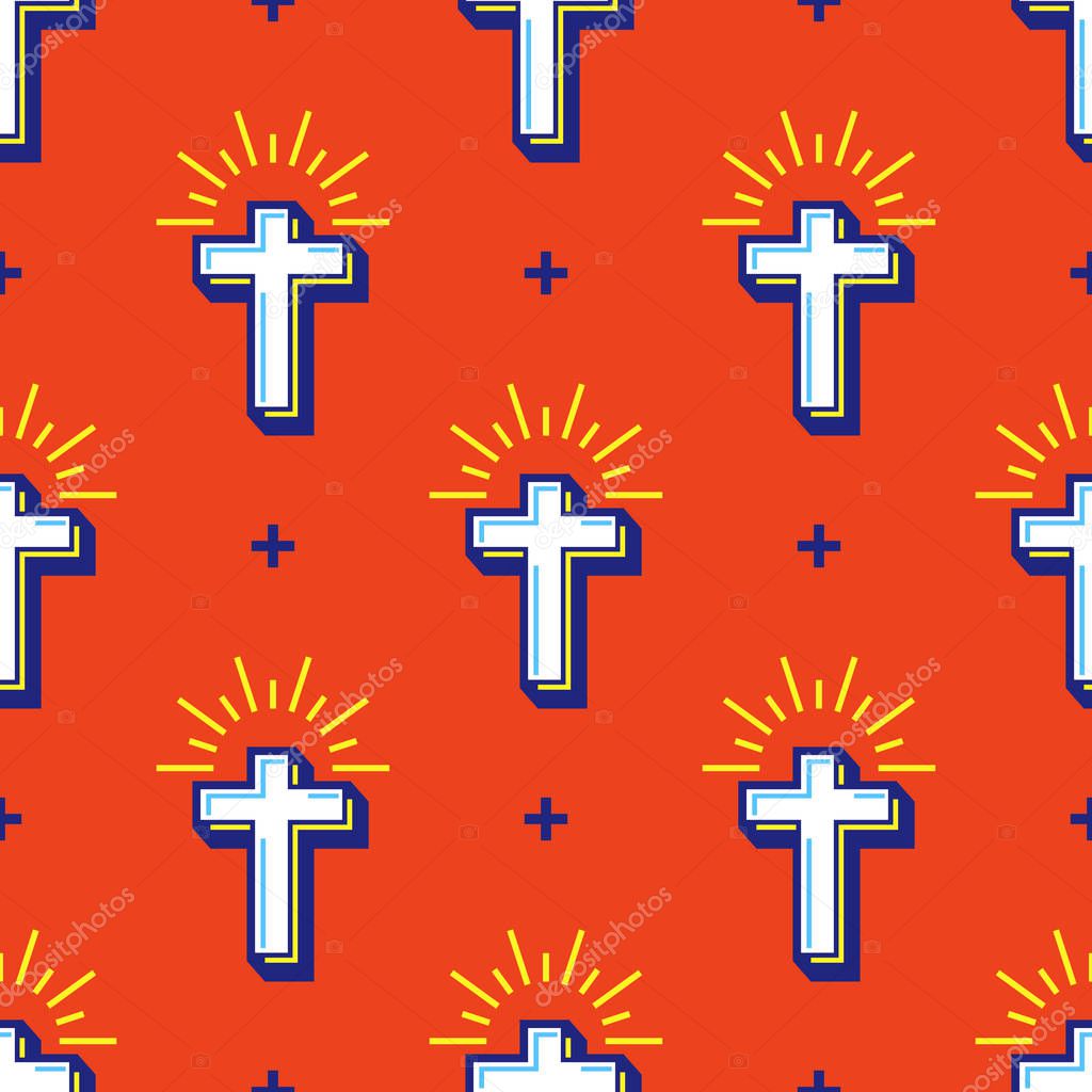 Illustration of cross of Jesus Christ flat pattern on orange colour background