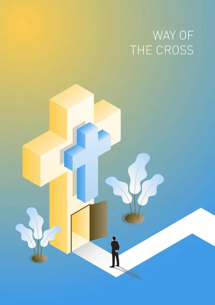 Сучасний Ізометричний Гігантський Хрест Відчиненими Дверима Шлях Хреста Векторні Ілюстрації — стоковий вектор