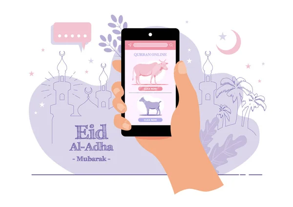 Uma Ilustração Conceito Online Sacrifício Eid Adha Kurban Online Traduz — Vetor de Stock
