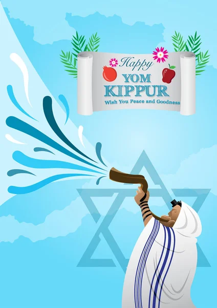 Zsidó Férfi Ábrázolása Amint Shofar Kürtöt Fújja Rosh Hashanah Yom — Stock Vector