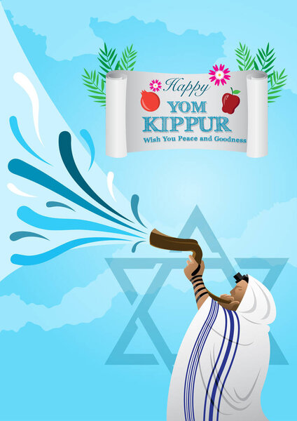 An illustration of Jewish man blowing the Shofar rams horn on Rosh Hashanah and Yom Kippur day
