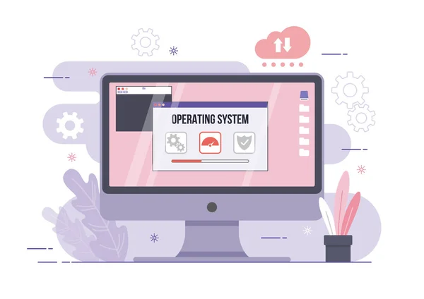 Illustrazione Sistema Operativo Software Desktop Schermo Ingranaggio Icona Scudo Concep — Vettoriale Stock