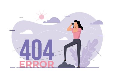 404. Sayfa için dürbünle bakan bir kadın ile ilgili bir çizim. Sayfa kayıp ve ileti bulunamadı