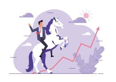Unicorn 'un başarının sembolü. İş kurma konsepti. İş adamı ve tek boynuzlu at hedefe, başarıya, liderliğe bakıyor.