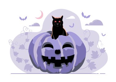 Cadılar Bayramı 'nda balkabağından yükselen bir kedinin resmi.