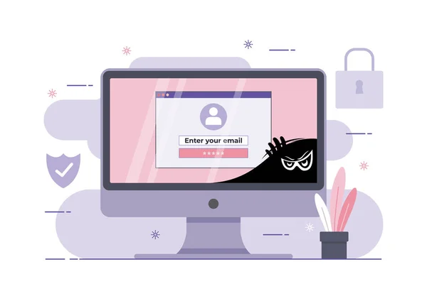 Phishing dolandırıcılığının bir çizimi, bilgisayar korsanlarına saldırı. Veri korsanına saldırmak, dolandırıcılık ve suçu hacklemek