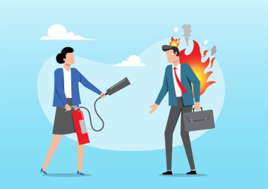 Kırmızı bir yangın söndürücü tutan bir iş kadını resmedilmiş olarak, kafasından ve sırtından çıkan alevler ve dumanla gözle görülür bir şekilde yanan bir erkek meslektaşına doğru hortumunu doğrultuyor.