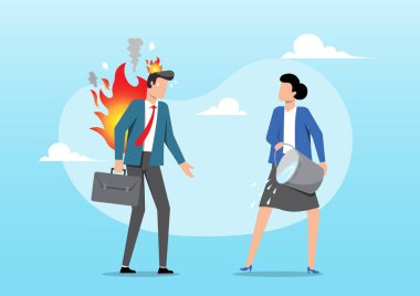 Elinde evrak çantası olan bir iş adamının, sırtından ve kafasından çıkan alevler ve dumanla gözle görülür bir şekilde tedirgin bir şekilde duruşu, şiddetli yanmayı ya da yoğun stresi simgeliyor.