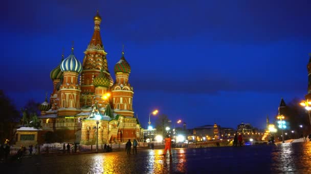 Red Square panorama cremolim relógio sinos parede, estrela vermelha, Catedral de São Basílio — Vídeo de Stock