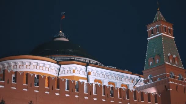 Русский флаг, Кремлевская стена, людей нет, ночь — стоковое видео