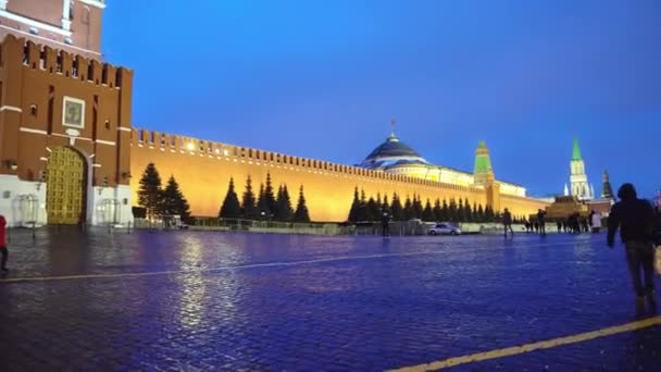 Panorama da Praça Vermelha Relógio do Kremlin, Muro do Kremlin, Mausoléu de Lenine, noite — Vídeo de Stock