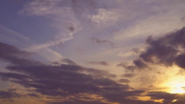 Plane flies toward sunset. Suns rays make their way through the purple clouds — Stock Video