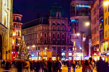 Noel sezonu. Viyana. İnsanlar meydanın etrafında, meydanın ortasında Noel ağacının ortasında yürüyorlar. Güzel antik mimari. Gotik tarzda katedral. Çok sayıda turist