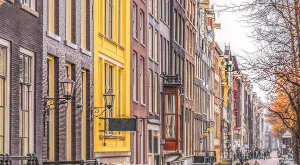 Amsterdam Facades Traditional Dutch Buildings Different Colors Large Windows Trees — Stock Photo, Image