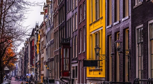 Amsterdam Fasady Tradycyjnych Holenderskich Budynków Różnych Kolorach Windows — Zdjęcie stockowe