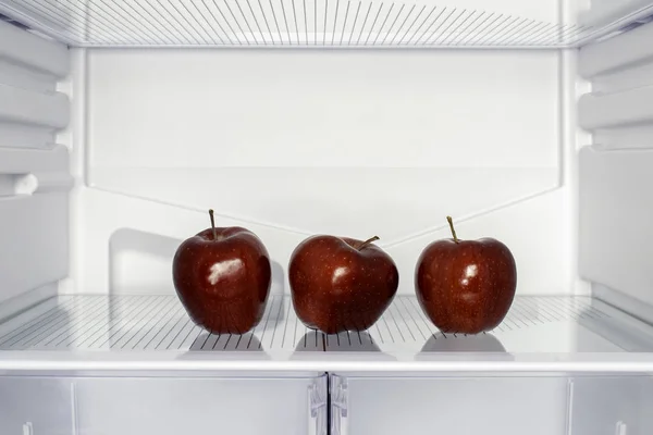 Three Red Apples Shelf Empty Fridge Concept Weight Loss Hunger Stock Picture