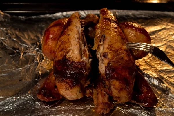 Delicious roasted chicken in the oven. Close Up Stock Picture