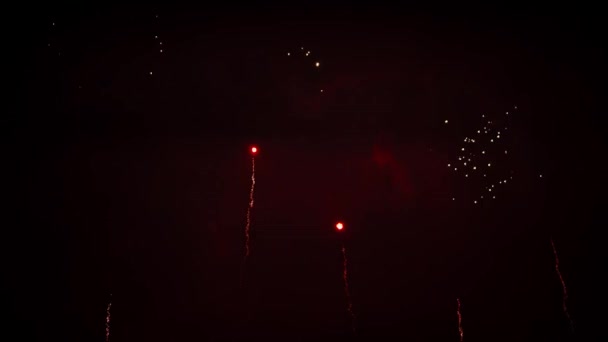Piros, kék, zöld, ezüst és arany színű káprázatos tűzijáték, a sötét égen. 4k — Stock videók