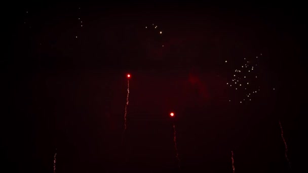 Vermelho, azul, verde, prata e cor de ouro de fogos de artifício deslumbrantes, no céu escuro. 4K — Vídeo de Stock