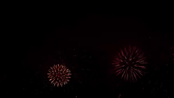 Hermoso, magnífico, rojo, verde y dorado color de los deslumbrantes fuegos artificiales. 4K — Vídeos de Stock