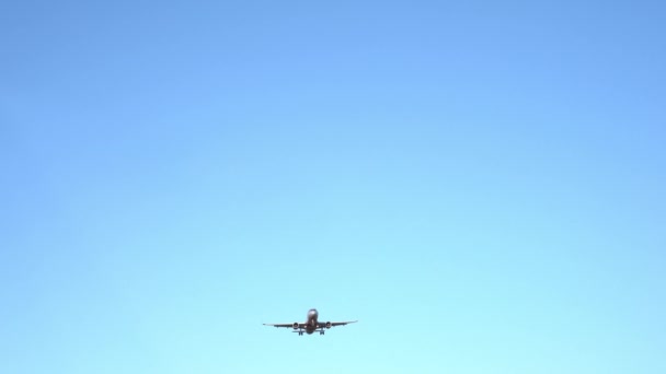 Nowoczesny samolot lata nad głową, z bezchmurnym błękitnym niebem w tle. 4k — Wideo stockowe