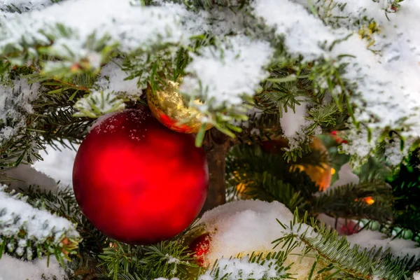 Árvore de Natal coberta de neve. Brinquedos de árvore de Natal, bolas e garl — Fotografia de Stock