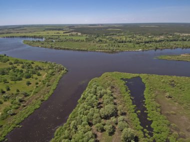 Dron, kuşbakışı, güneş ışığı altında tam akan nehirden yükseklikten doğal peyzaj.