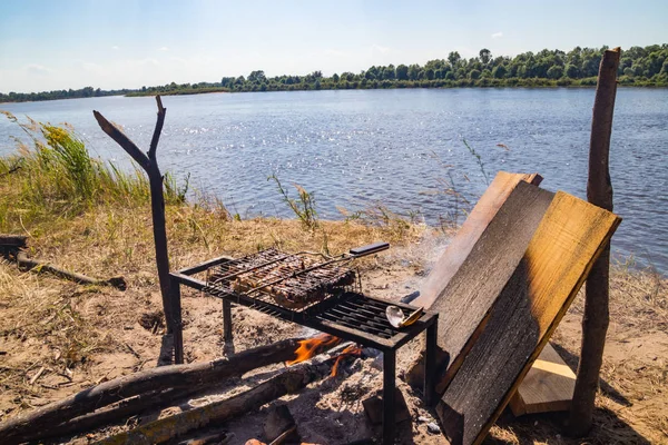 Churrasco à beira do rio na natureza, divertidos viajantes de lazer em família — Fotografia de Stock