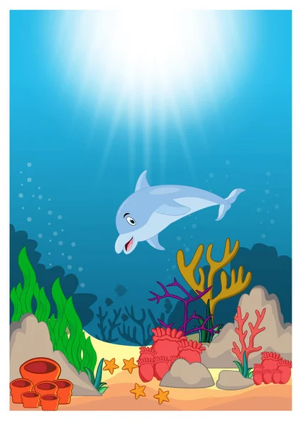 Dolphin Beautiful Underwater World Cartoon — Stock Vector
