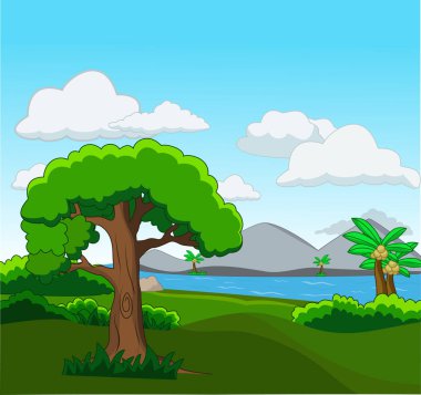 Birçok ağaç ve nehir resimli orman sahnesi