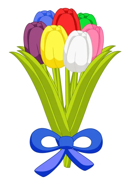 Buket Indah Dari Tujuh Warna Tulip Desain Datar Pada Latar - Stok Vektor