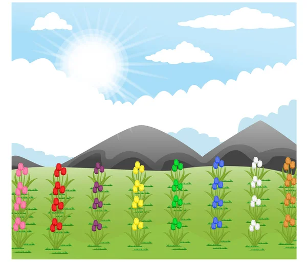 Vektor Ilustrasi Taman Tulip Yang Indah Dengan Latar Belakang Gunung - Stok Vektor