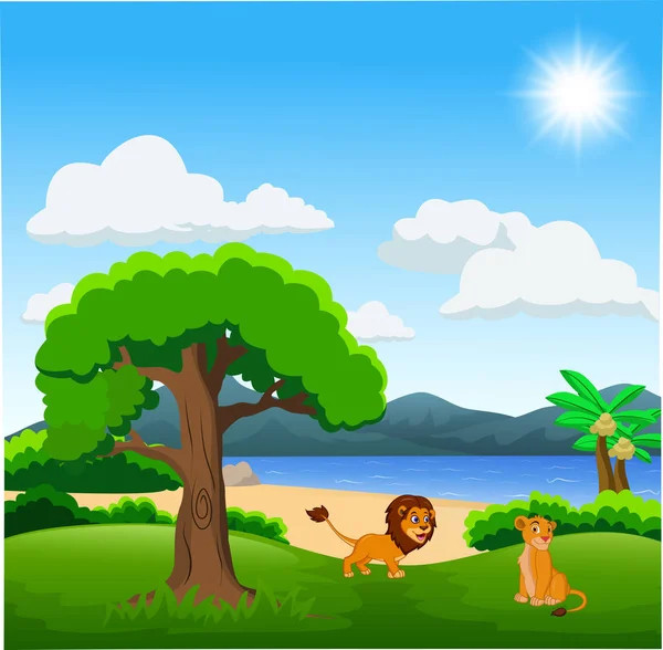 Couple Lion Dessin Animé Sur Beau Paysage — Image vectorielle