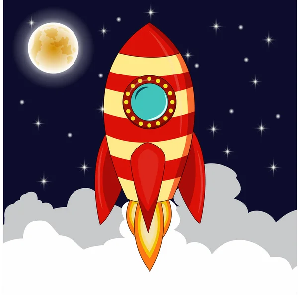 Rocket Goes Sky Moon Stars Planets Night Sky Rocket Goes — Stock Vector