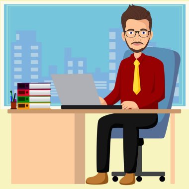 Yakışıklı yönetici ofis vektör illüstrasyon dizüstü bilgisayar ile çalışan 