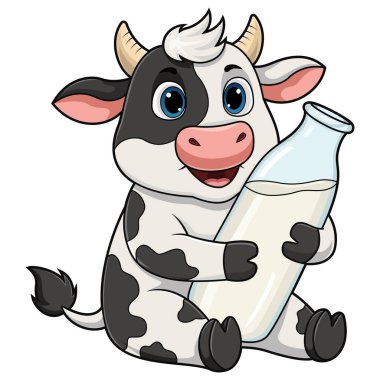 Süt şişesi tutan sevimli inek çizgi filmi.