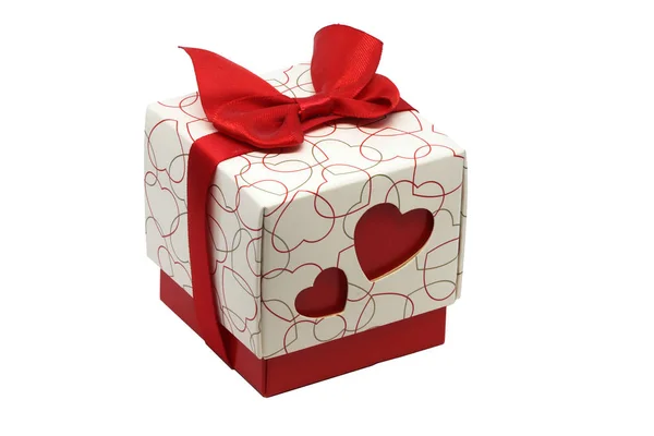 Caixa Presente Vermelho Branco Com Corações Fita Vermelha Com Arco — Fotografia de Stock